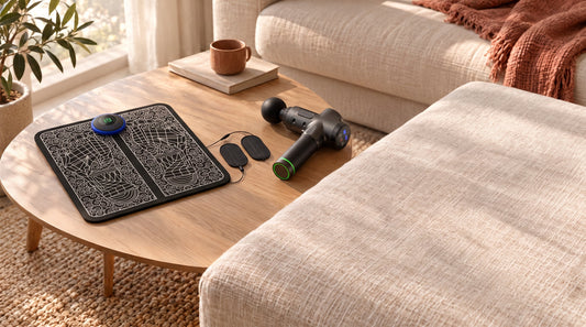 Masseur de pieds et pistolet de massage posés sur une table basse de salon