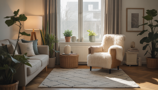 Fauteuil près d'une fenêtre dans un coin de salon, avec une lampe, un tapis et quelques plantes