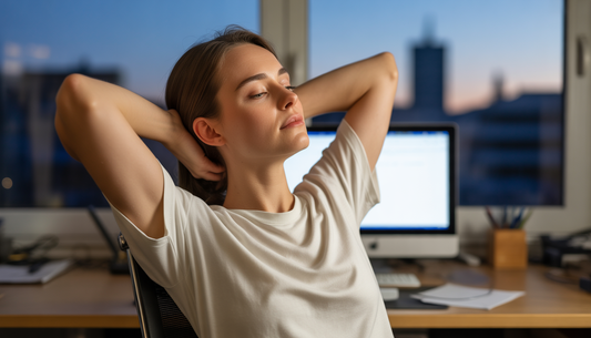 Woman sitting at her desk at the end of the day, hands behind her head, stretching her shoulders
