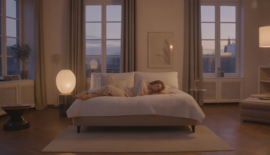 Person, die am Ende des Tages auf einem Sofa im Wohnzimmer liegt