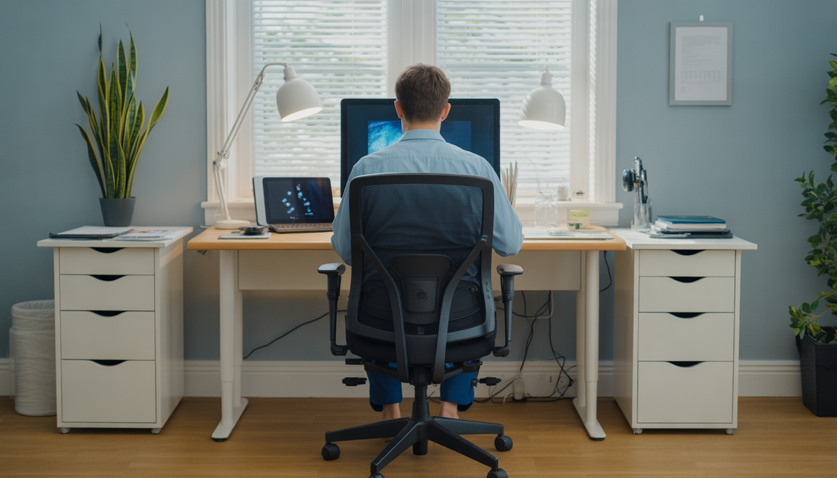 Person seen from behind at their desk, facing the screen, at the end of the workday