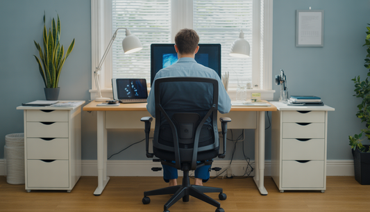 Personne assise de dos à son bureau, face à son écran, en fin de journée de travail